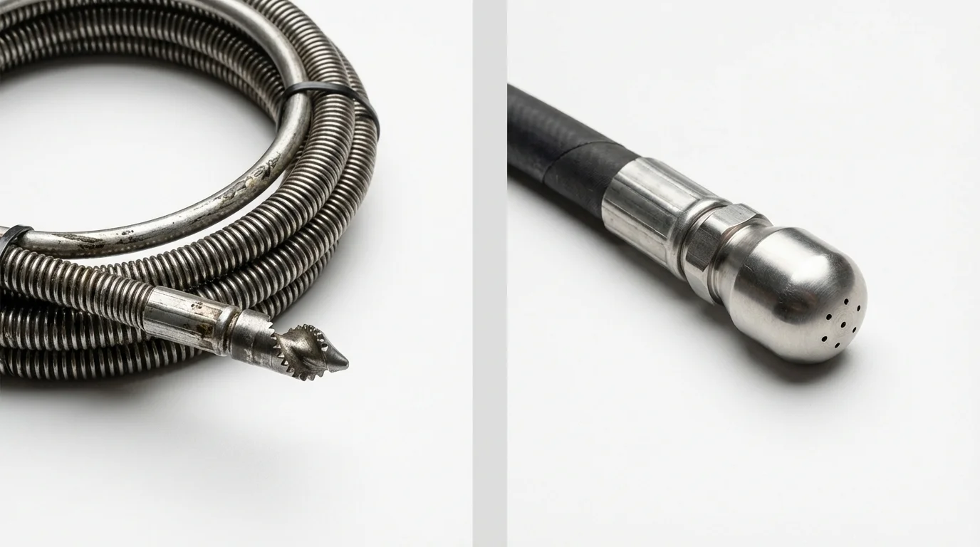 Drain snake cable and hydro jetting nozzle used for drain cleaning in Fairfax, OK