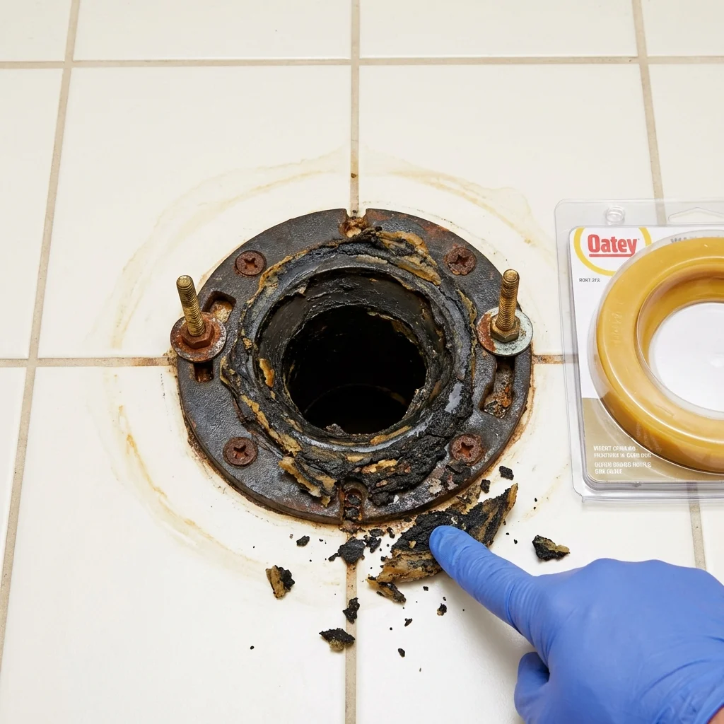 Failed wax ring showing water seepage at the base of a toilet in a Fairfax, OK home