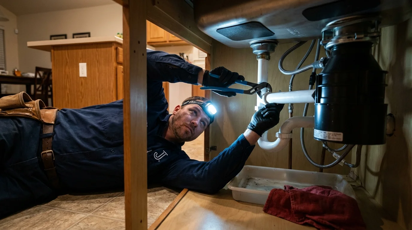 P-trap and supply line connections under a kitchen sink showing a common leak point in Fairfax, OK